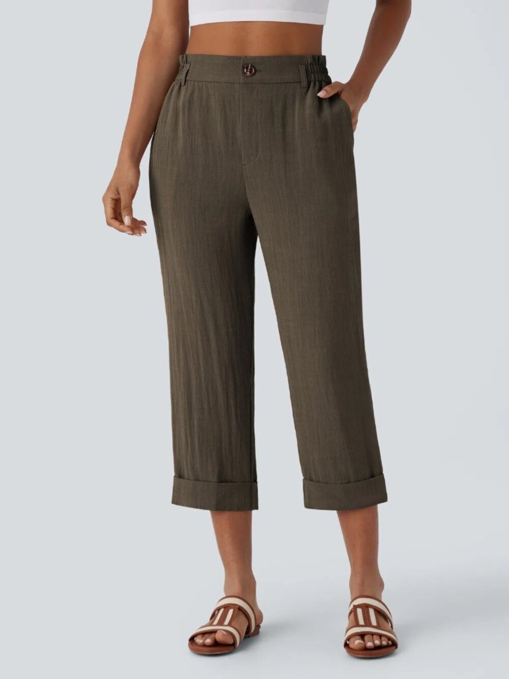 Halara XL High Waisted Zipper Pocket Cropped Linen-Feel Pants 50% off Retail